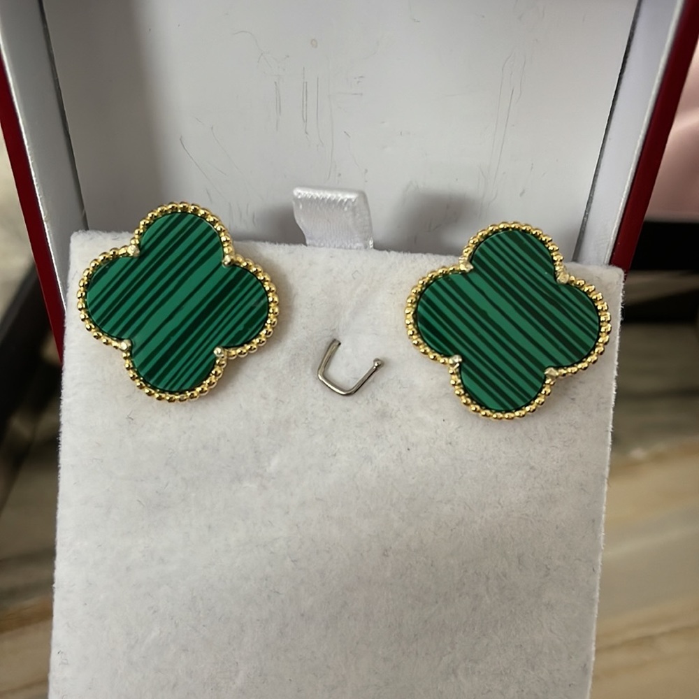 925 sterling silver clover big green malachite yellow earrings